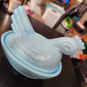 Light Blue Slag Glass Hen On Nest Candy Dish